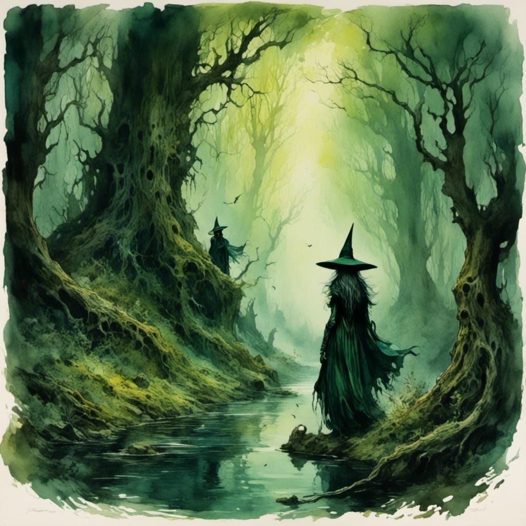 Watercolor Witch Watches Walker in Forest Brook