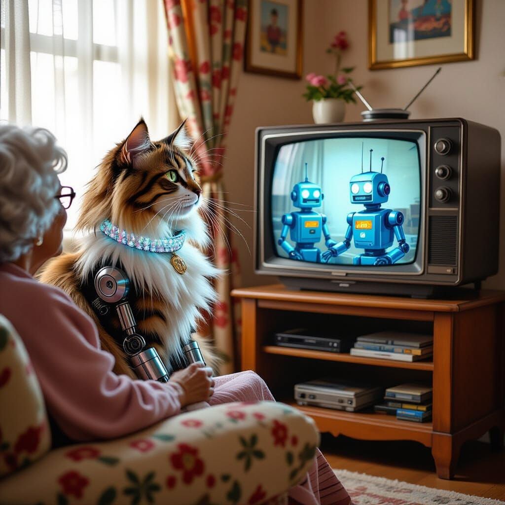 Robot Cat and Lady Watch Eastenders, Syd Mead Style