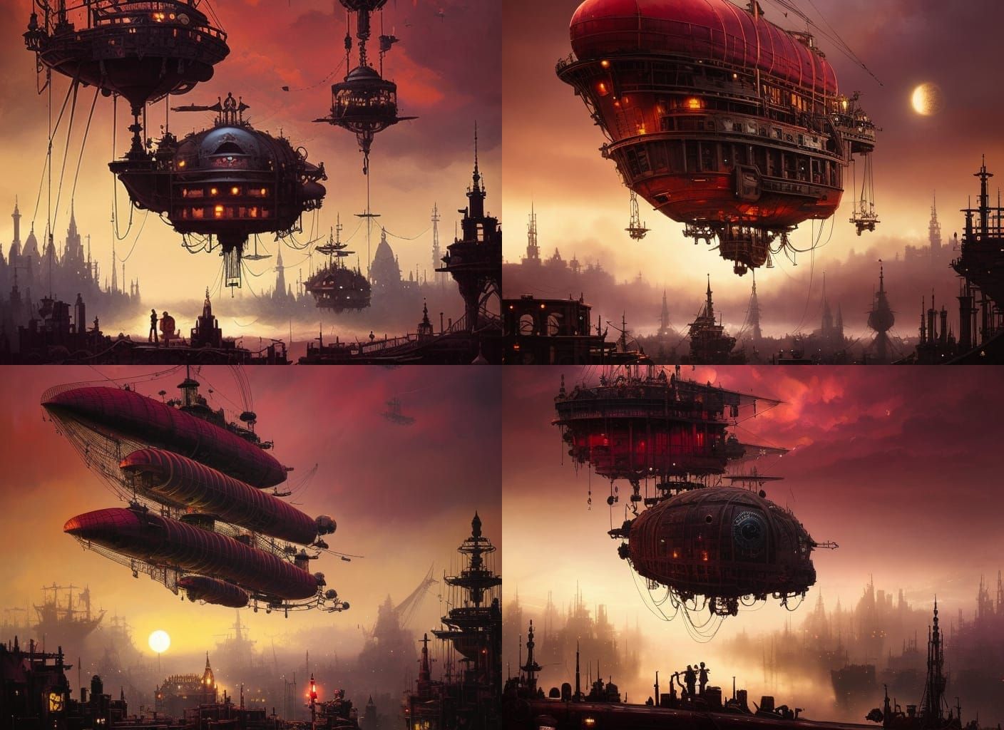 Steampunk Airships Soaring Through Red Skies
