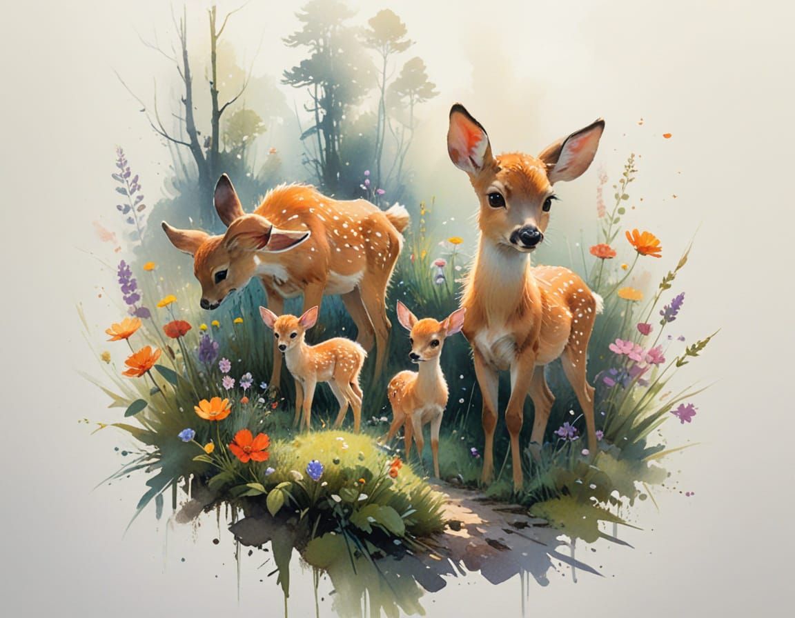 Adorable Fawns in Sunlit Meadow: Impressionistic Watercolour