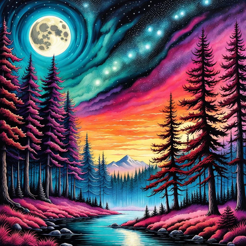Watercolor Forest at Night with Twinkling Stars