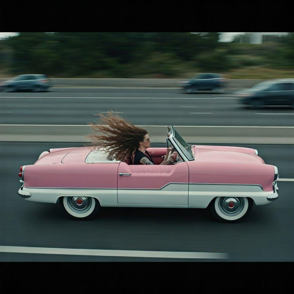Woman Drives Pink Convertible in Cinematic Film Still