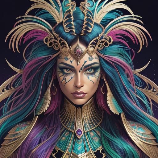 Metallic Woman with Peacock Hair, Comic Book Art