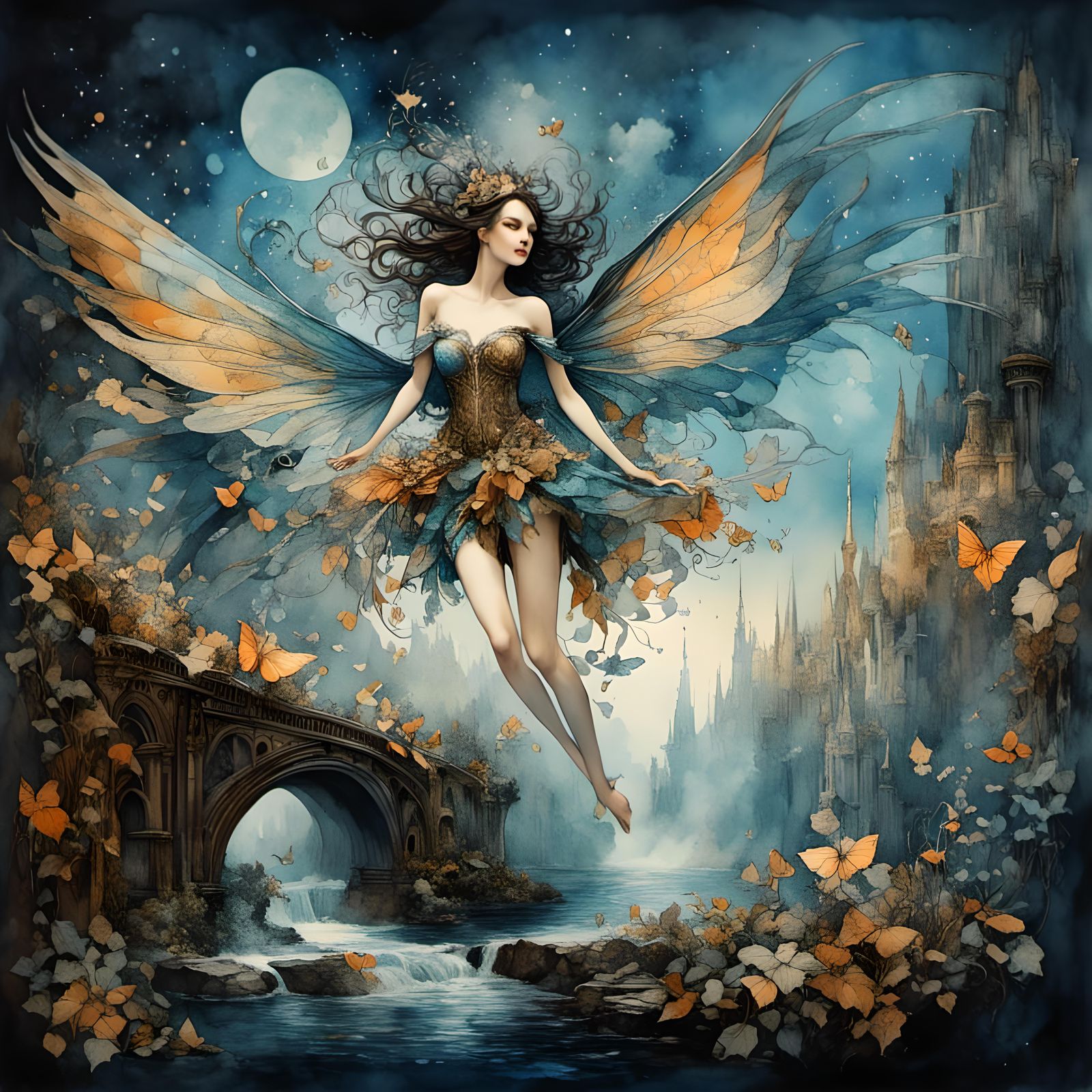 <lora:RomanticWatercolor:1.0> hyperdetailed, hyperdetailed beautiful fantasy fairy with perfect wings, flying over a riv...