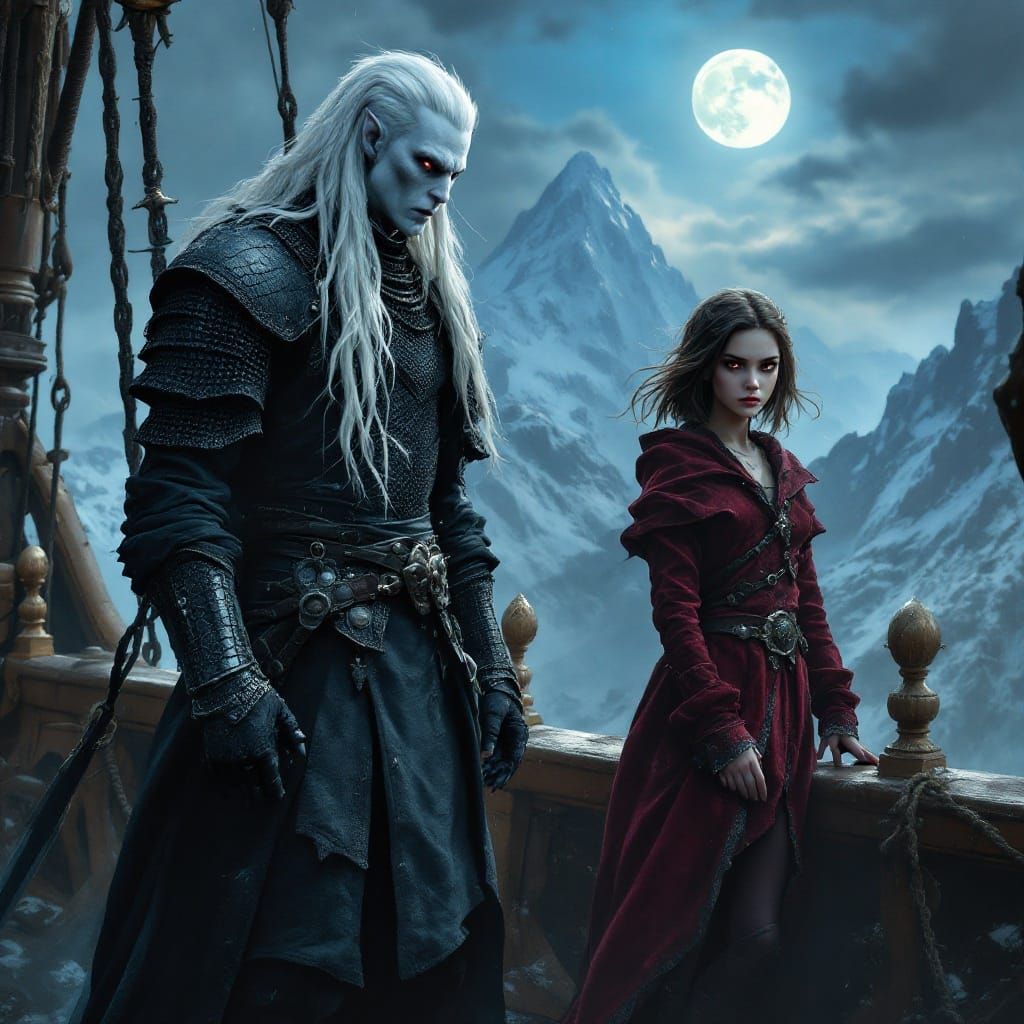 Drow Warrior and Pirate Girl on Haunted Airship