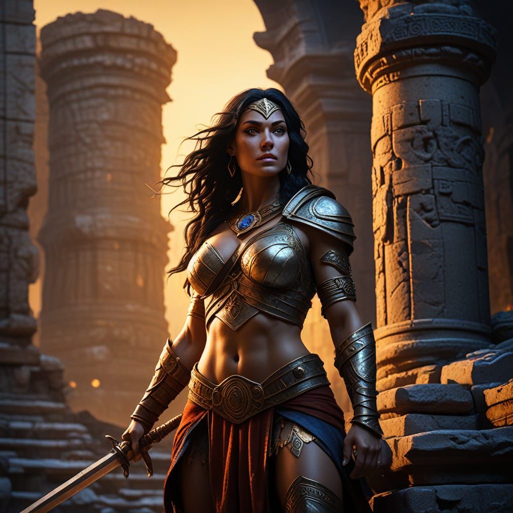 Ethereal Warrior in Ancient Martian Ruins, in a Cyberpunk-In...