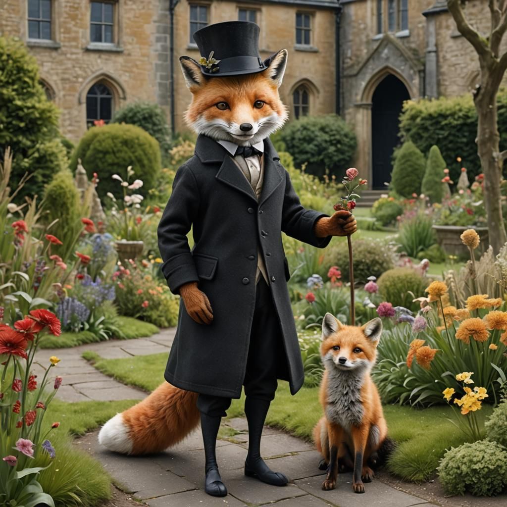 Fox Family at the Abbey Garden, Hyperrealistic Art