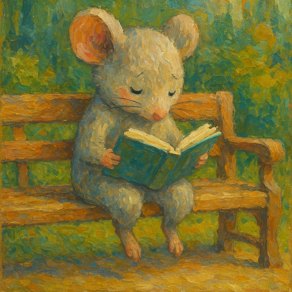 A shy mouse is sitting on a bench and reading a book