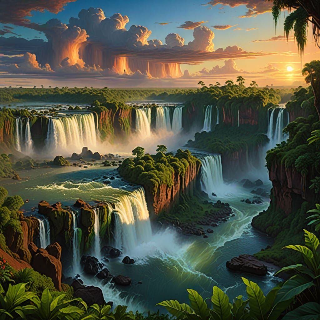 Dramatic Tropical Landscape at Sunset, in the Style of 19th...