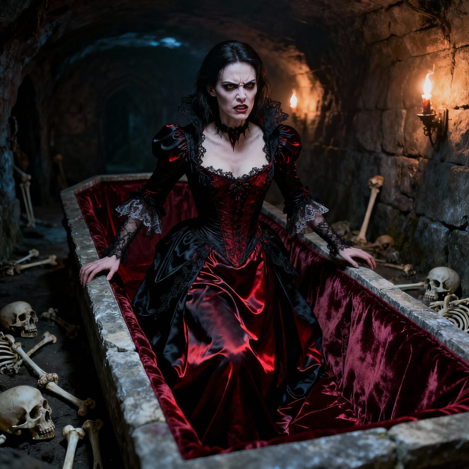 Vampire Rises Annoyed From Sarcophagus in Realistic Style