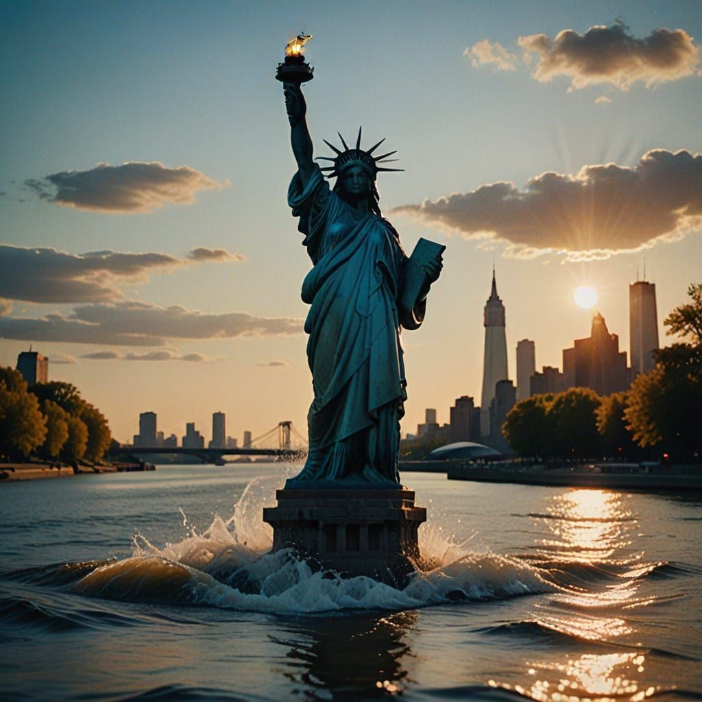 Epic Cinematic Statue of Liberty in a Sparkling River