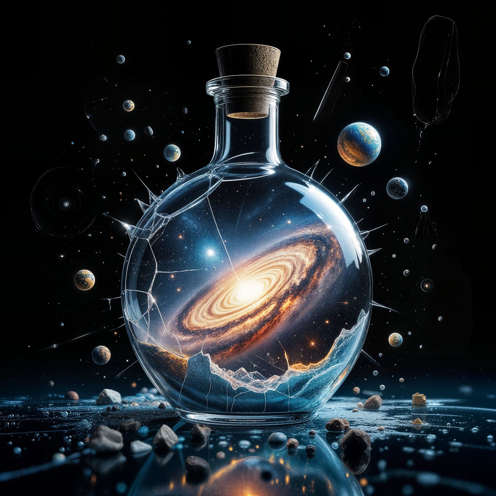 Cracked Bottle Universe: Ultra Realistic Digital Art