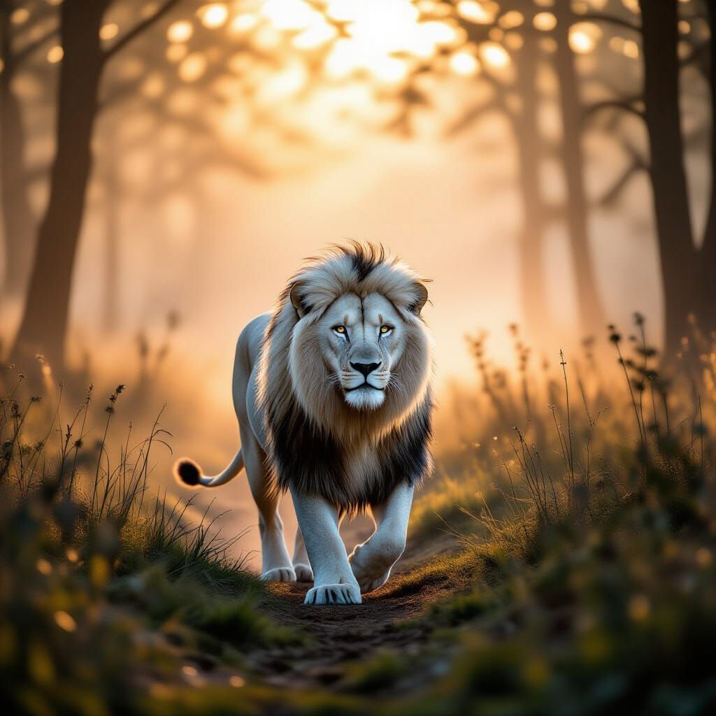 White Lion Roaming Misty Forest in Cinematic Style