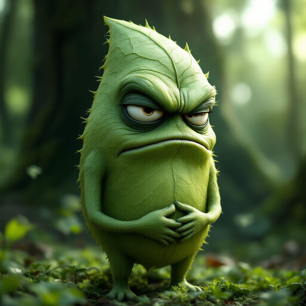 Grumpy Leaf Contemplation in Mystical Forest, Digital Art