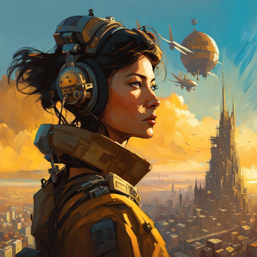 Majestic Pilotess Dominates Golden Sky Cityscape