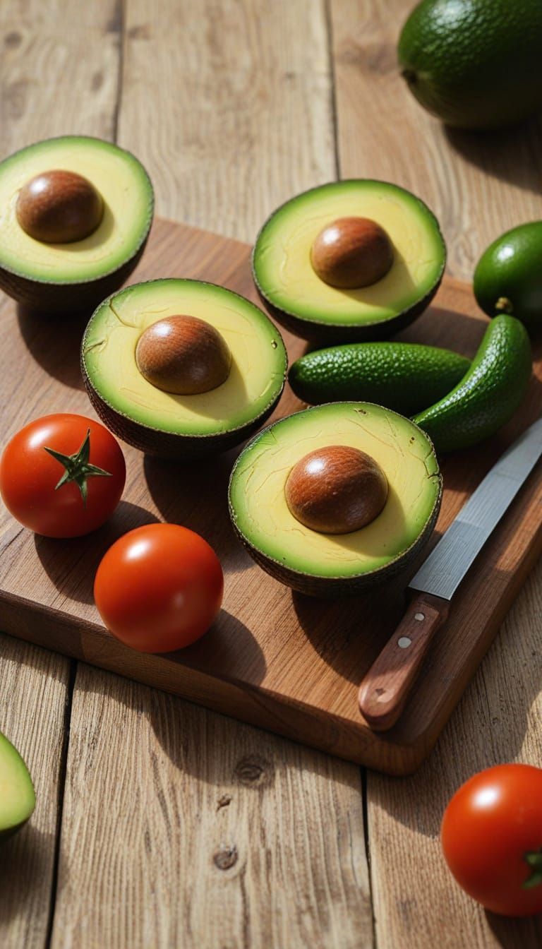 Fresh Avocados and Tomatoes on Cutting Board