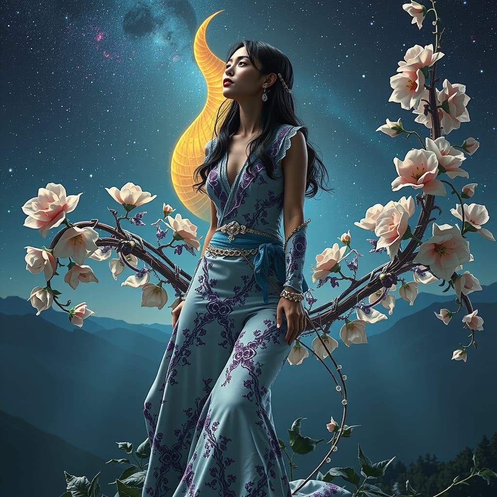 Woman in Starry Night Sky with Fractal Outfit