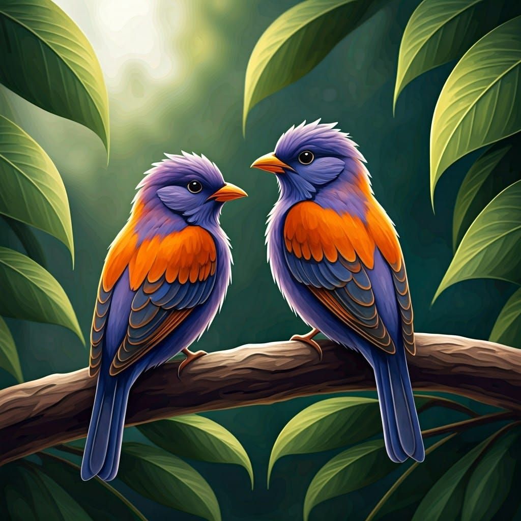 Impressionist Birds in Vibrant Violet and Orange