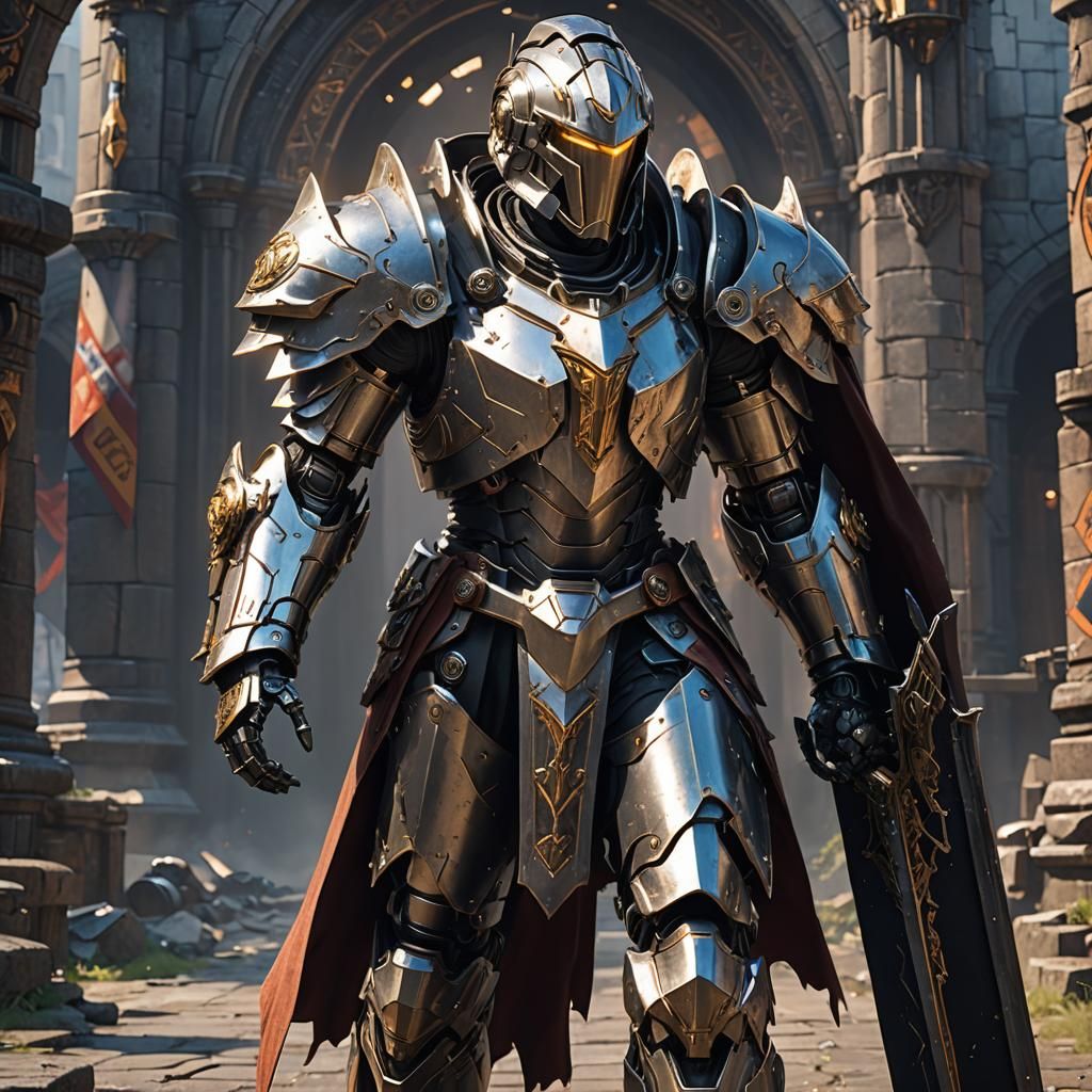 Futuristic Robot Paladin with Longsword and Shield