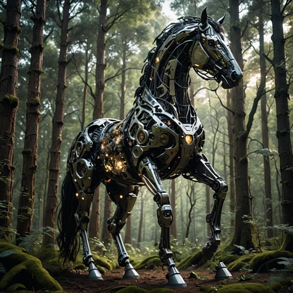 Biomechanical Centaur in Forest with Sci-Fi Lighting