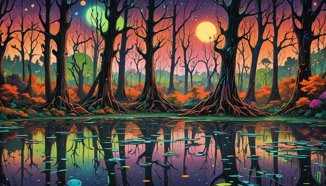 Alien Forest at Night in Graffiti Art Style