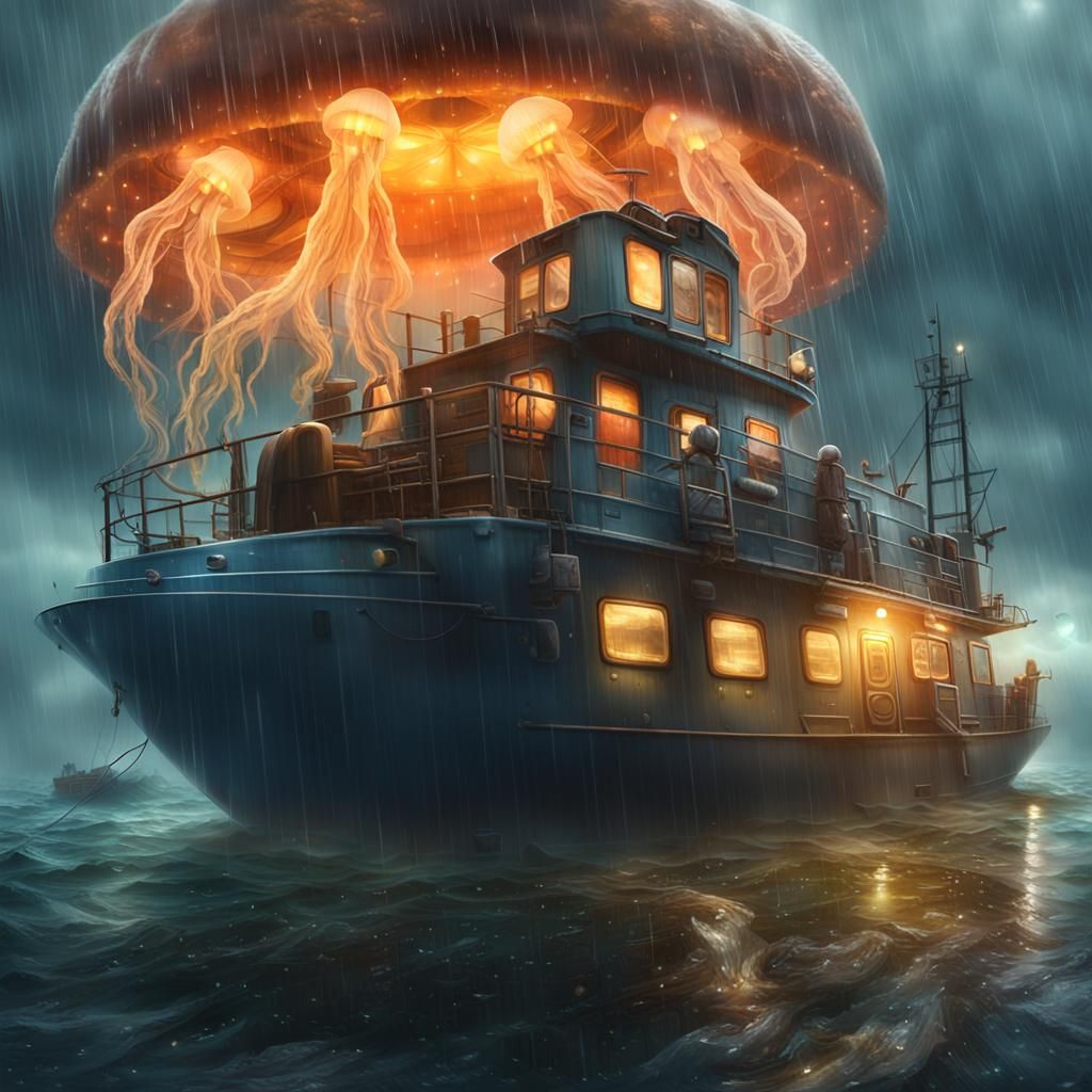 Jellyfish UFO over Fishing Vessel: Digital Matte Painting