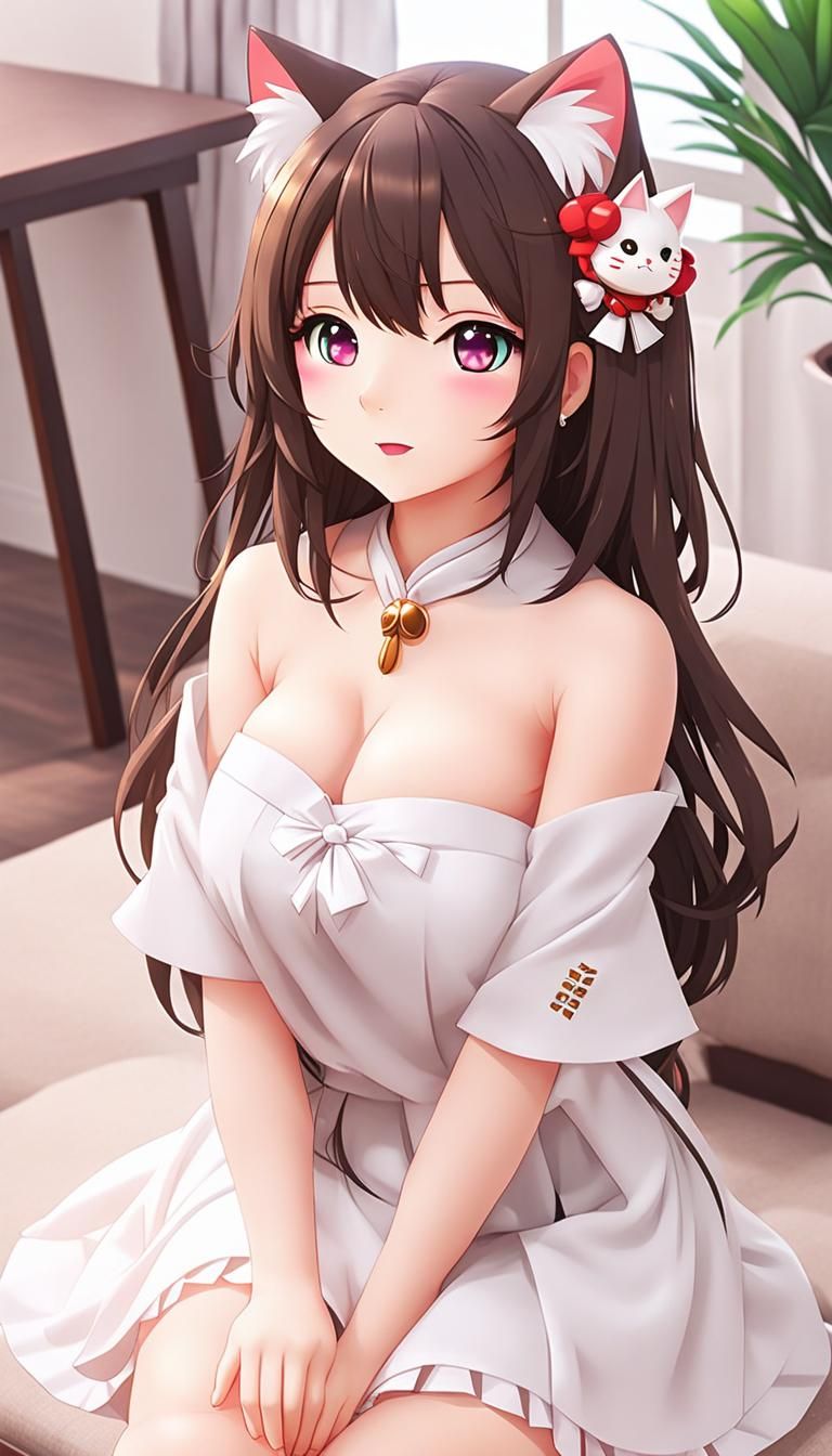 Cute Chibi Japanese Nekomimi Girl in Living Room