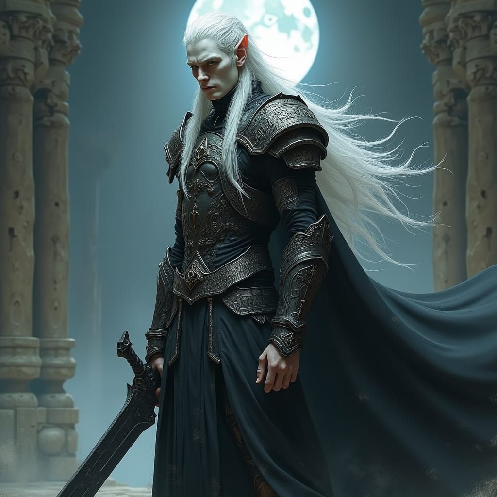 Pale Vampire Elf Warrior in Dark Armor