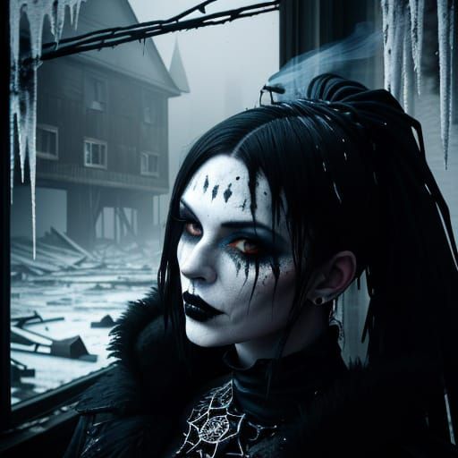 Goth Model in Decaying House Amidst Surreal Horror