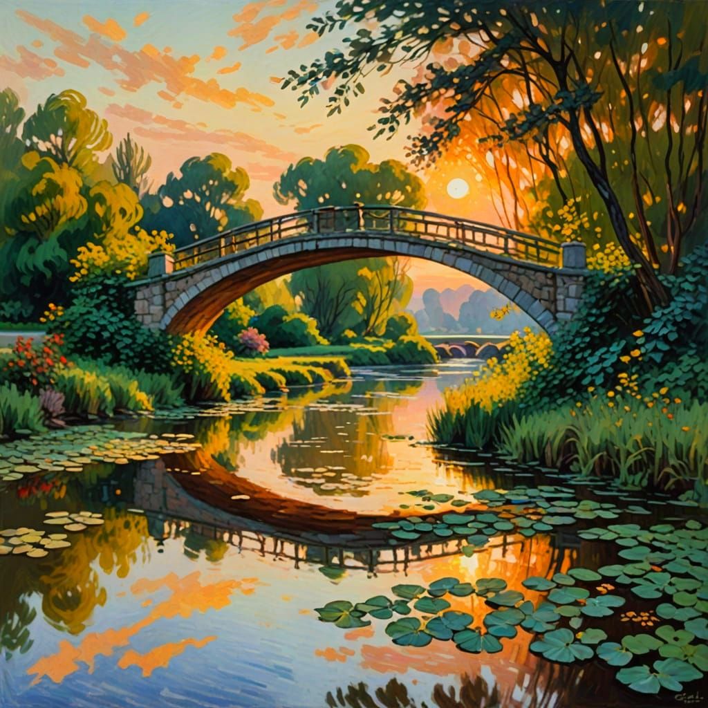 Vibrant Stone Bridge Reflects Sunset Hues
