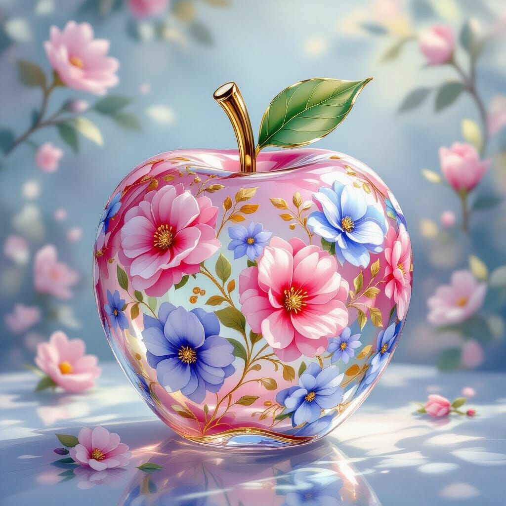 Crystal Glass Apple with Coral Floral Patterns