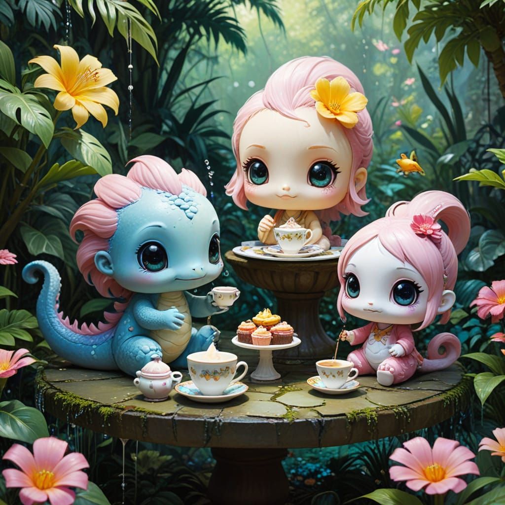 Chibi Reptiles Tea Party in Kawaii Style