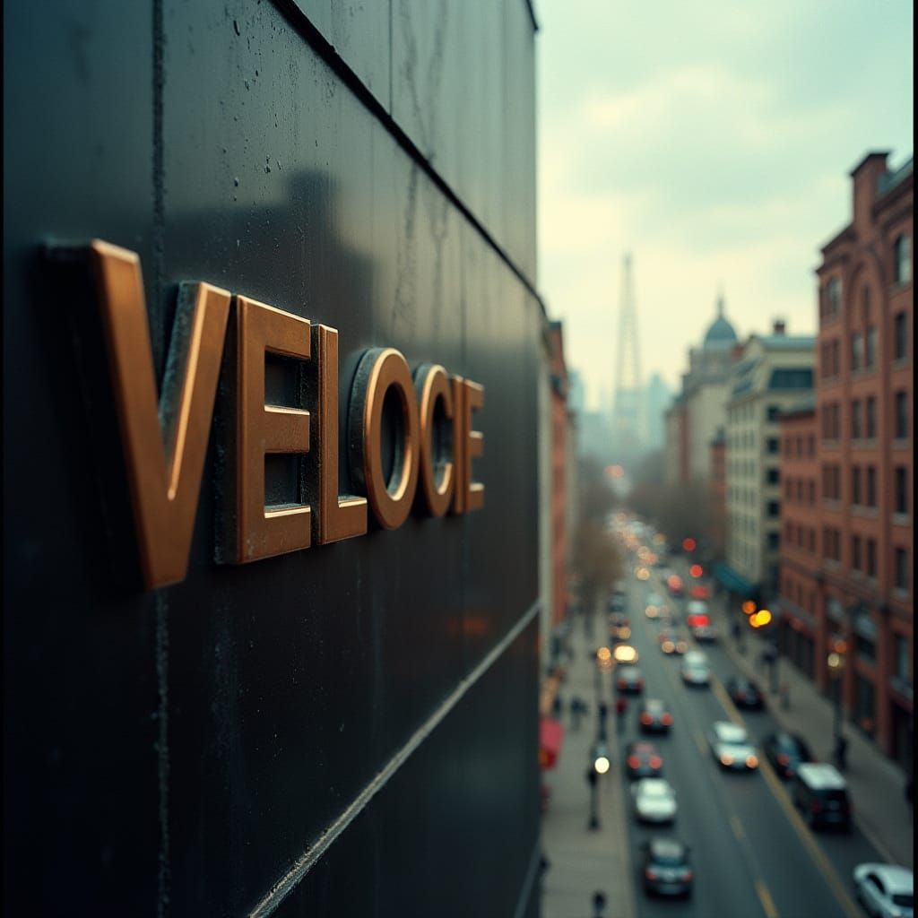 Bronze VELOCIE Logo on City Building, Cinematic Style