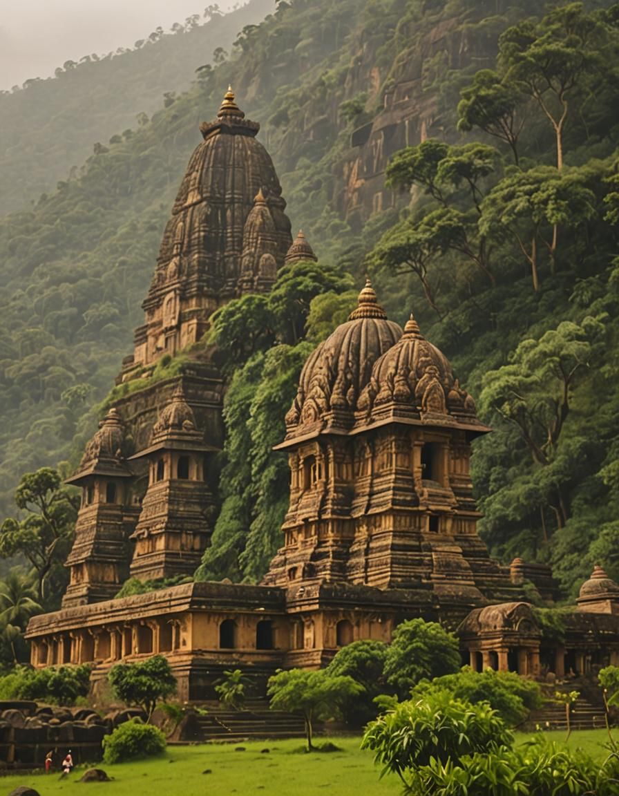Ancient Hindu Temple with Hanuman in Watercolor Style