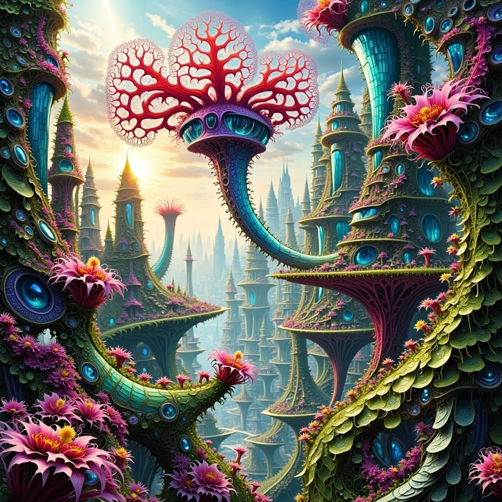Exquisite Botanical Metropolis in Vibrant Futuristic Hues