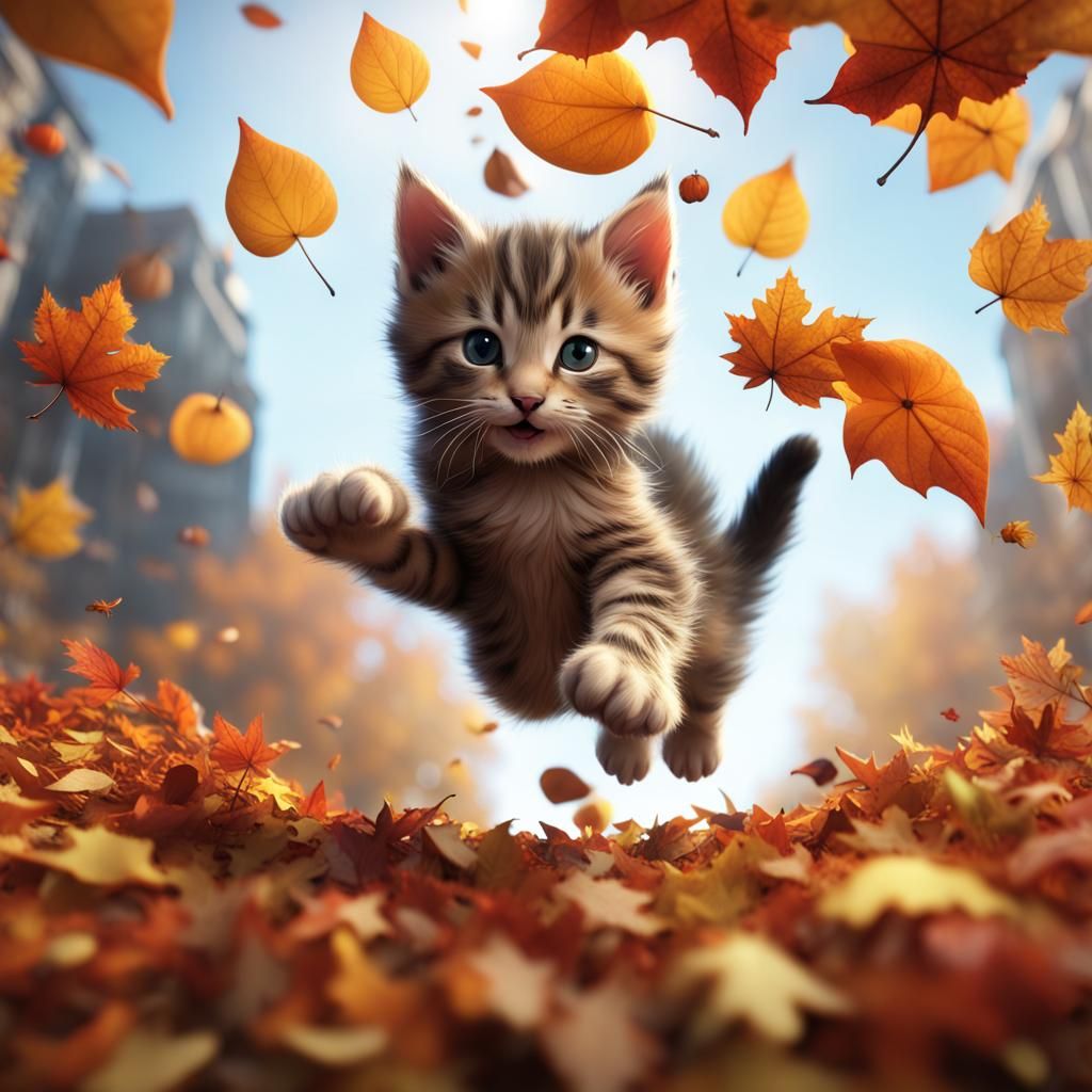 Kitten's Autumn Leap: Detailed Matte Painting