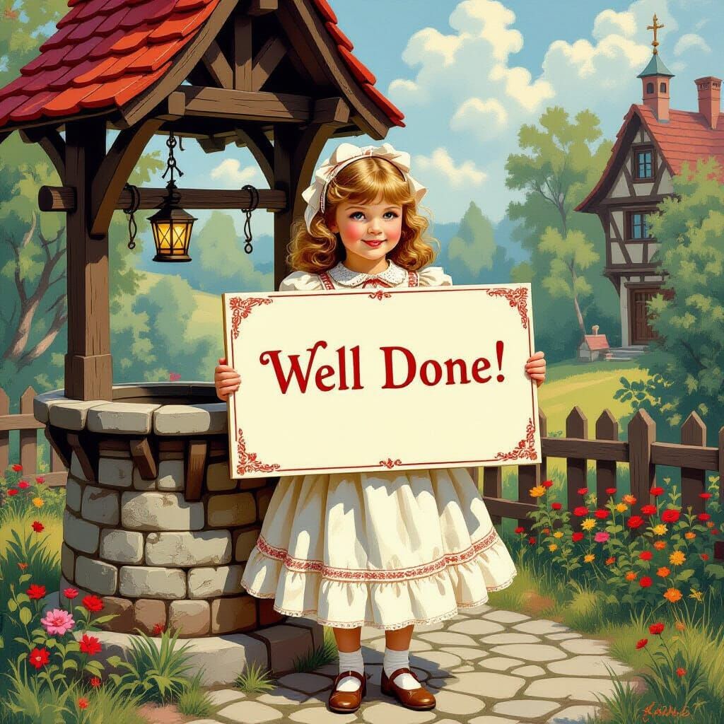 Medieval Girl With Sign by Wishing Well