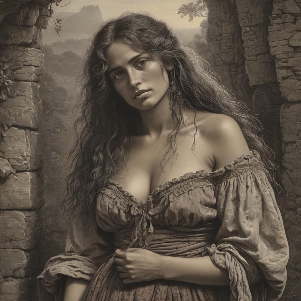 Beautiful Peasant Woman in Gustave Doré Style Engraving