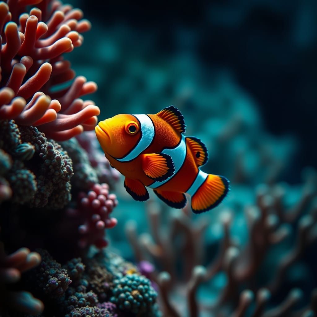 Clownfish Swimming in Coral Reef: Realistic Detail