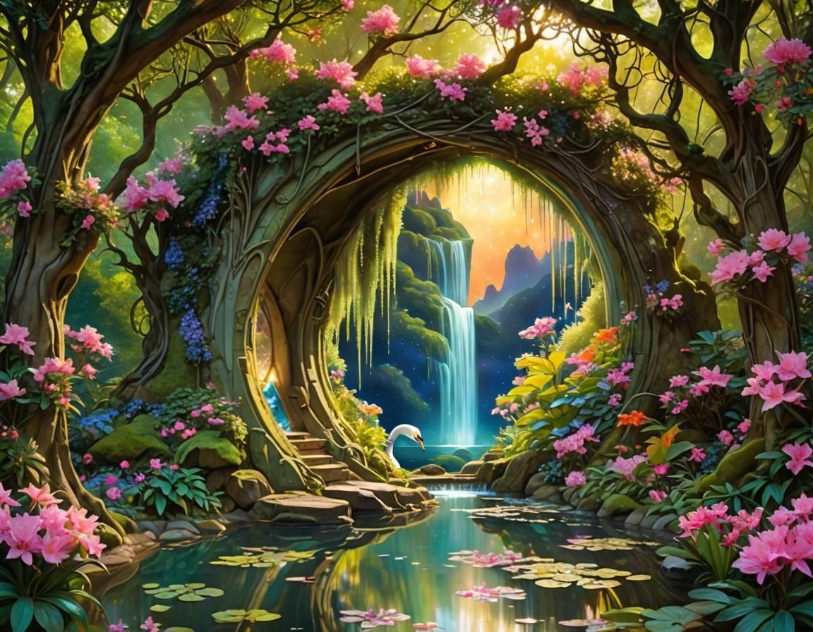 Enchanted Starry Pond Reflecting Galaxy in Art Nouveau Style