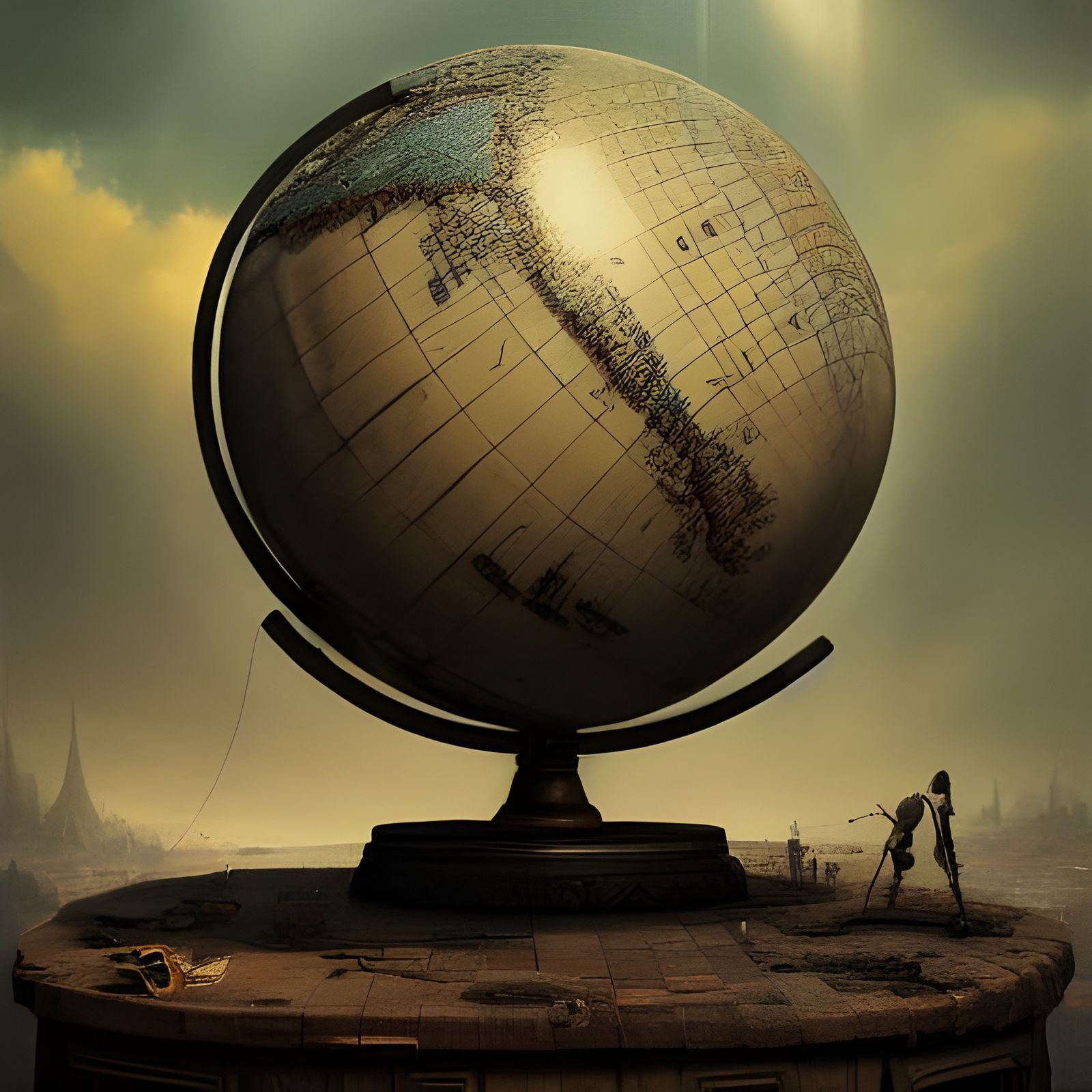 Detailed Old Globe on Table, Fantasy Art Style