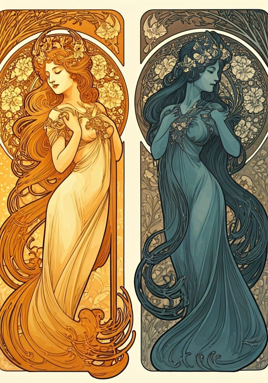 Ethereal Dawn and Dusk Goddesses in Art Nouveau Ink