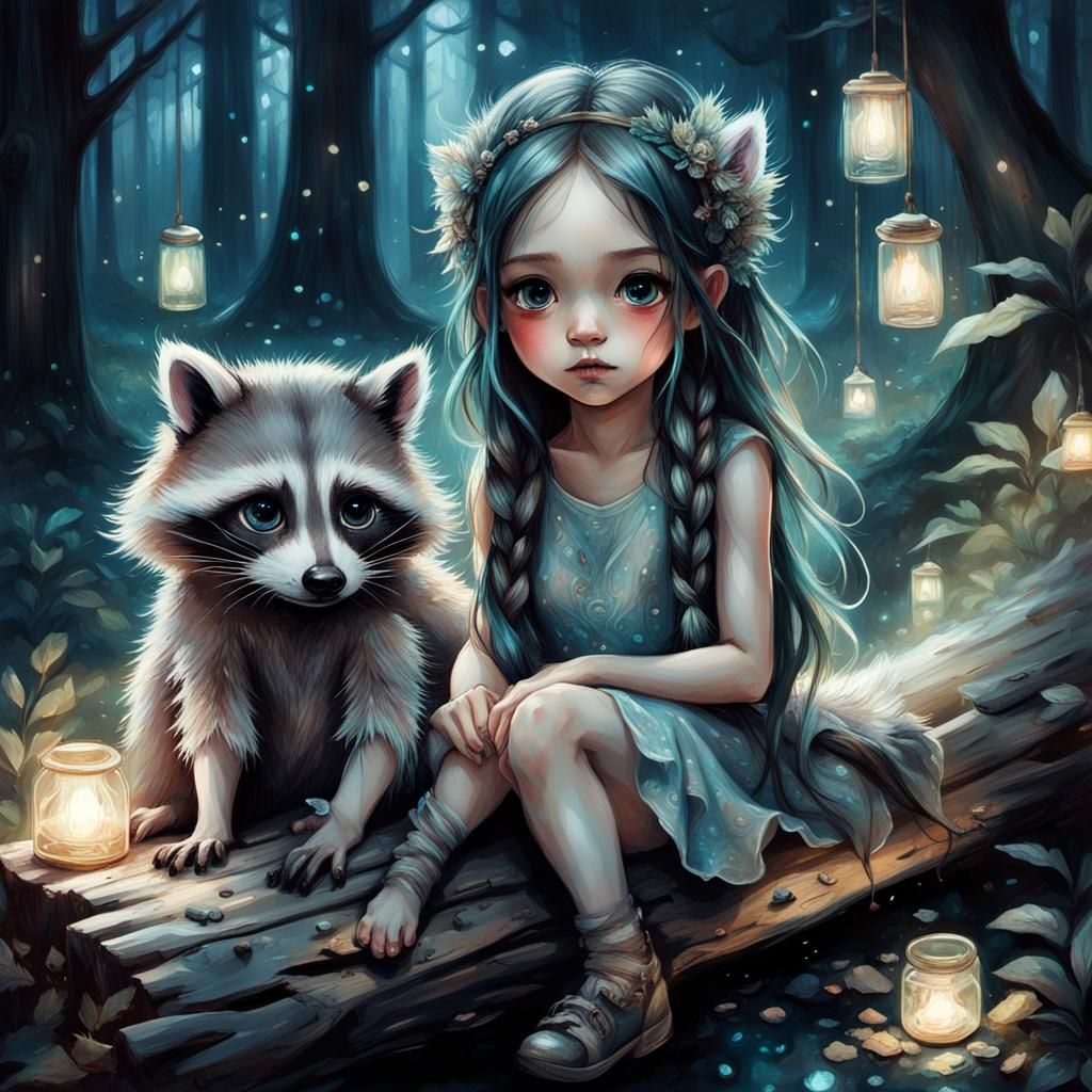 Chibi Girl with Raccoon in Bioluminescent Forest