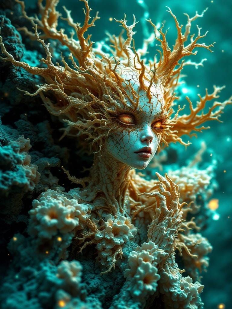 Golden Coral Fairy in Dark Fantasy Style