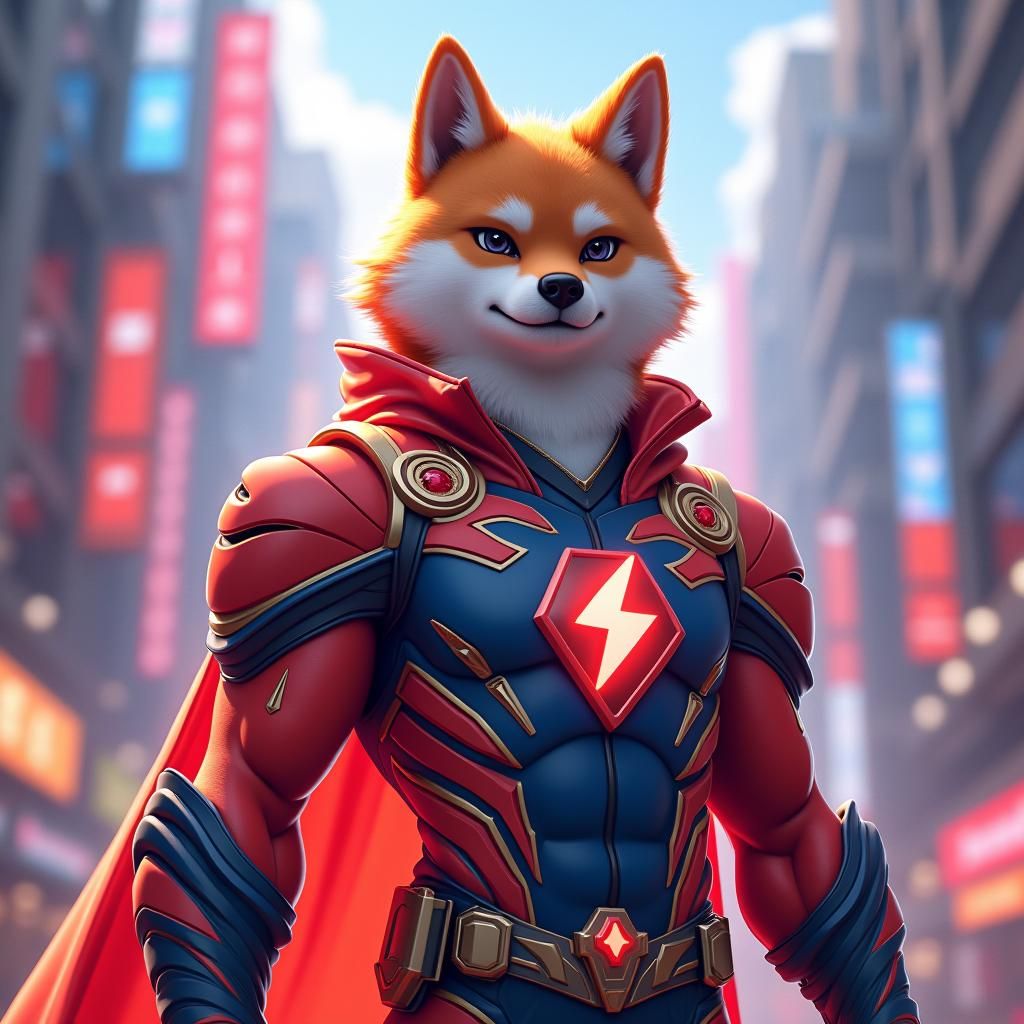 Majestic Shiba Inu Superhero in Cyberpunk Cityscape