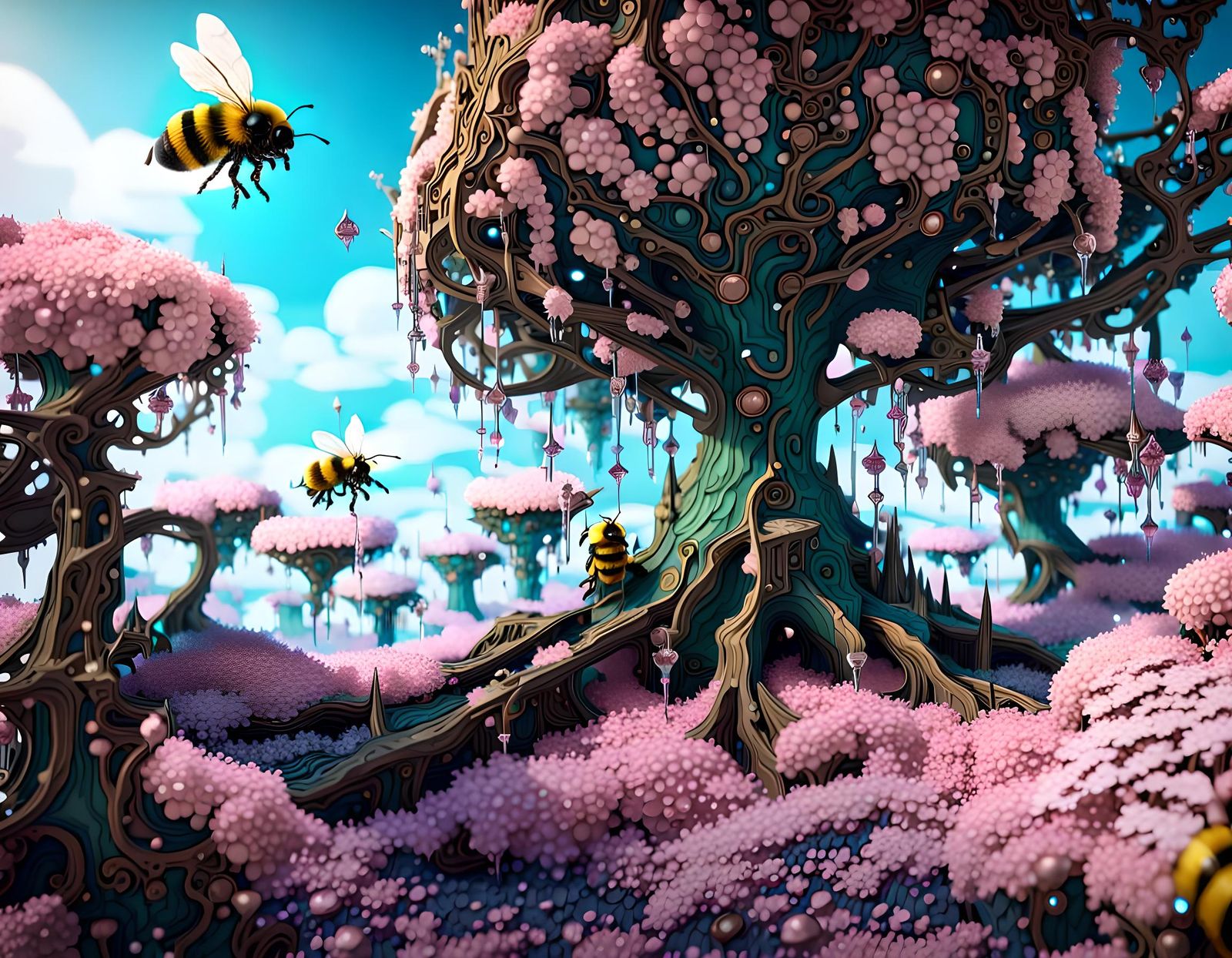Crystal Tree Fantasy with Steampunk Bumblebees