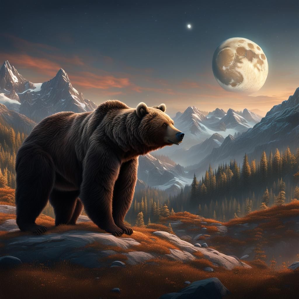 Brown Bear and Silver Moon Over Mountains