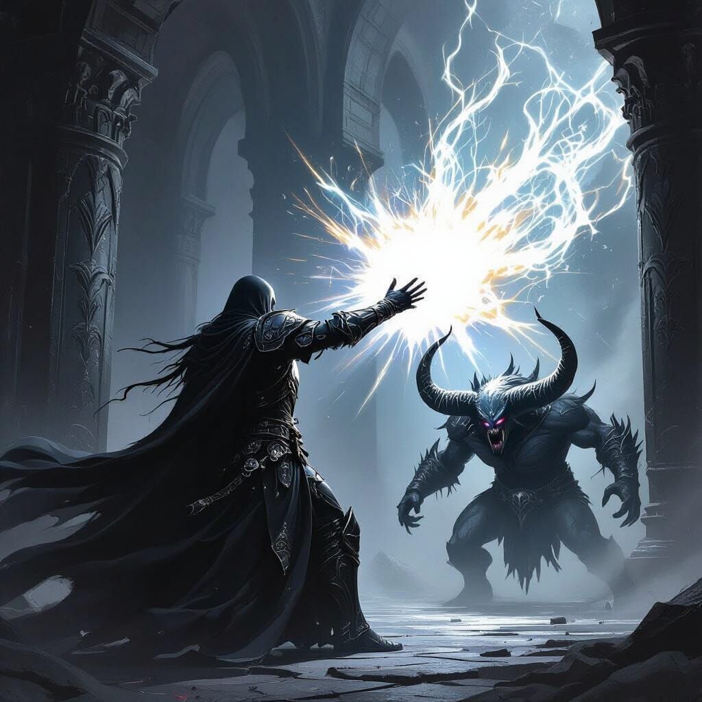 Drow Cleric Blasts Demon with Holy Light in Dark Temple