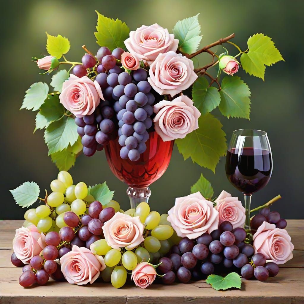 Beautiful Grapes and Roses Still Life
