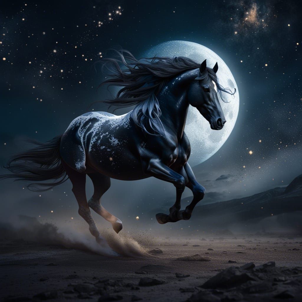 Black Horse Running Beneath Moon and Stars